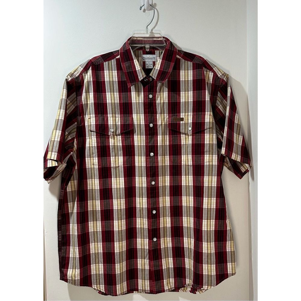 Carhartt pearl snap men’s red tan short sleeve plaid shirt, size Large #33-0833